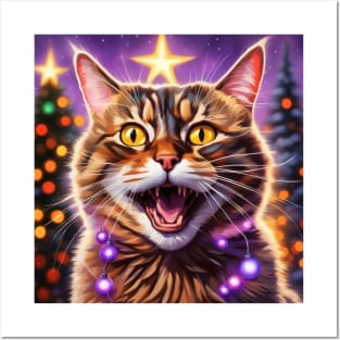 Christmas cat with lights Posters and Art